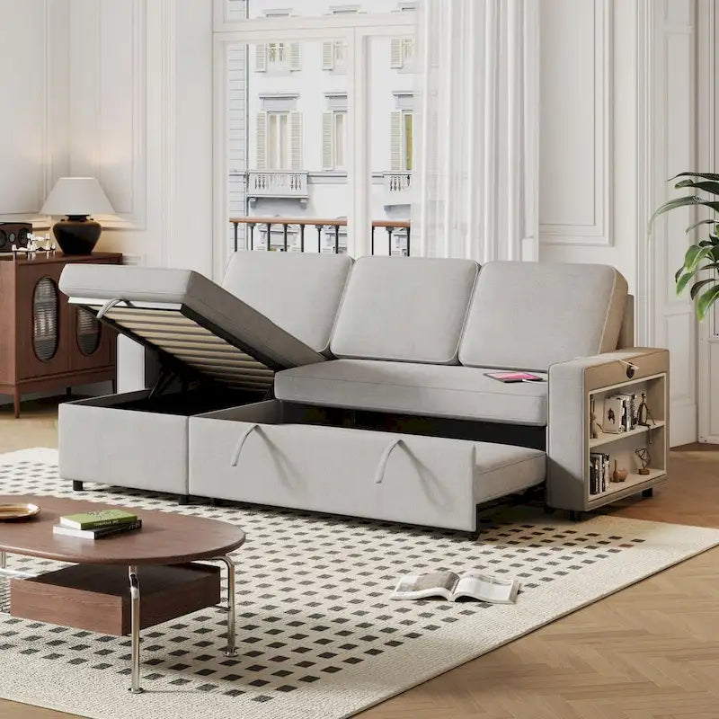 Divano letto estraibile Oaks Aura da 85,8 pollici, divano a L con porta USB, divano letto convertibile con ripiani contenitori