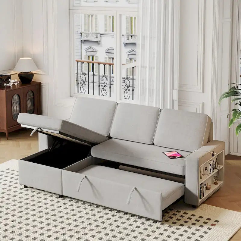 Divano letto estraibile Oaks Aura da 85,8 pollici, divano a L con porta USB, divano letto convertibile con ripiani contenitori