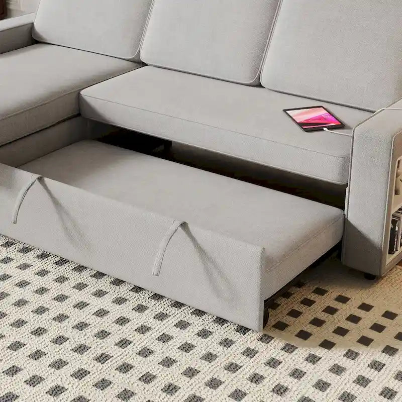 Divano letto estraibile Oaks Aura da 85,8 pollici, divano a L con porta USB, divano letto convertibile con ripiani contenitori