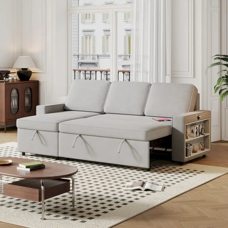Divano letto estraibile Oaks Aura da 85,8 pollici, divano a L con porta USB, divano letto convertibile con ripiani contenitori