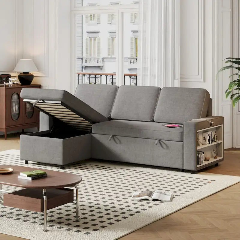 Divano letto estraibile Oaks Aura da 85,8 pollici, divano a L con porta USB, divano letto convertibile con ripiani contenitori