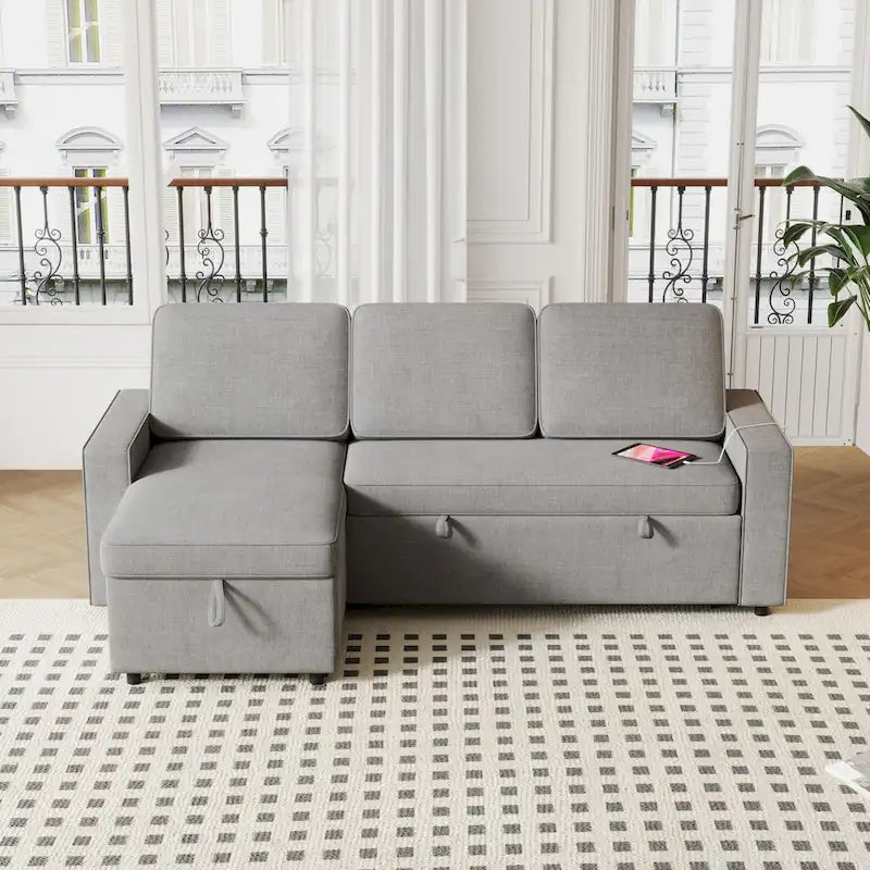 Divano letto estraibile Oaks Aura da 85,8 pollici, divano a L con porta USB, divano letto convertibile con ripiani contenitori