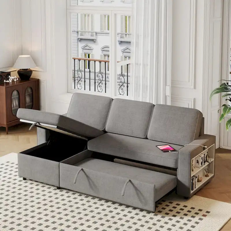 Divano letto estraibile Oaks Aura da 85,8 pollici, divano a L con porta USB, divano letto convertibile con ripiani contenitori