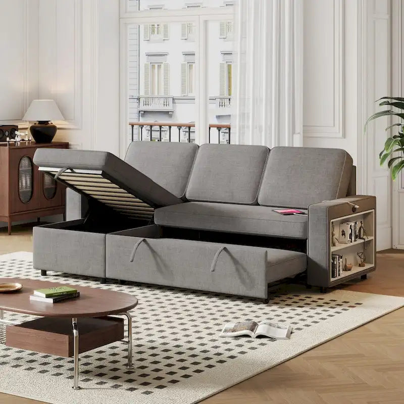 Divano letto estraibile Oaks Aura da 85,8 pollici, divano a L con porta USB, divano letto convertibile con ripiani contenitori