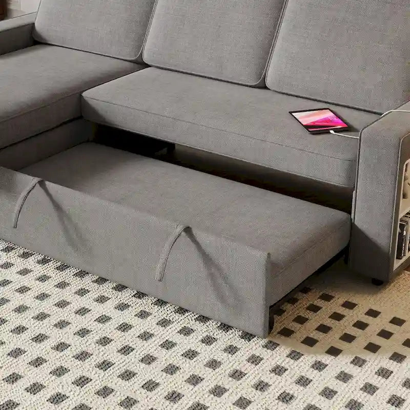 Divano letto estraibile Oaks Aura da 85,8 pollici, divano a L con porta USB, divano letto convertibile con ripiani contenitori