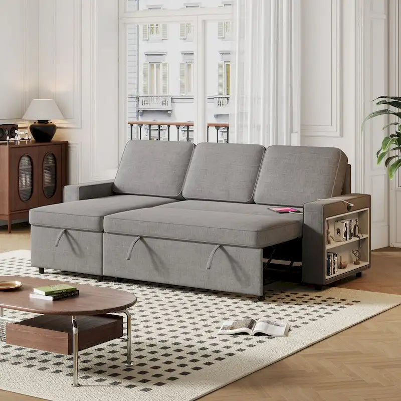 Divano letto estraibile Oaks Aura da 85,8 pollici, divano a L con porta USB, divano letto convertibile con ripiani contenitori