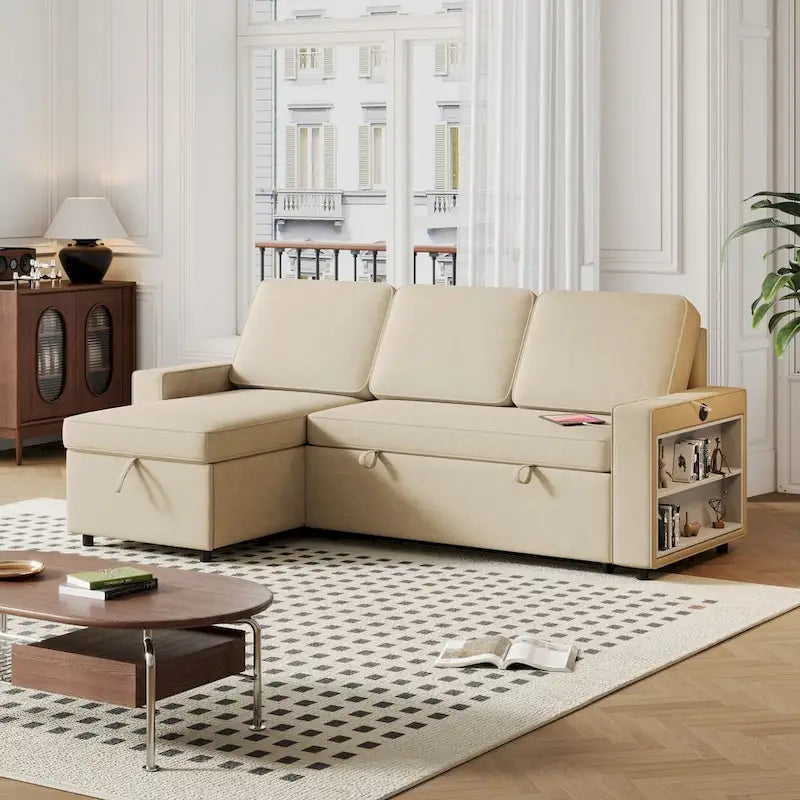 Divano letto estraibile Oaks Aura da 85,8 pollici, divano a L con porta USB, divano letto convertibile con ripiani contenitori