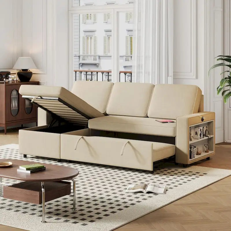 Divano letto estraibile Oaks Aura da 85,8 pollici, divano a L con porta USB, divano letto convertibile con ripiani contenitori