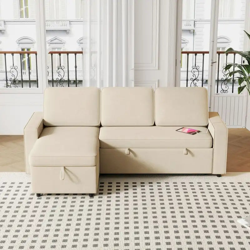 Divano letto estraibile Oaks Aura da 85,8 pollici, divano a L con porta USB, divano letto convertibile con ripiani contenitori