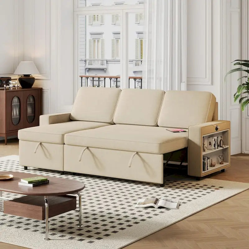 Divano letto estraibile Oaks Aura da 85,8 pollici, divano a L con porta USB, divano letto convertibile con ripiani contenitori