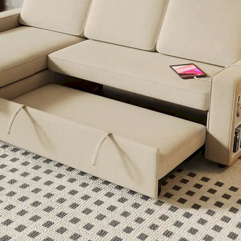 Divano letto estraibile Oaks Aura da 85,8 pollici, divano a L con porta USB, divano letto convertibile con ripiani contenitori