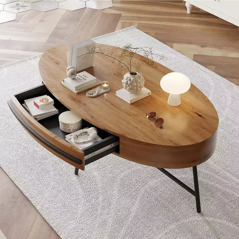 Tavolino Ovale Acekool con Cassetto, Tavolo da Appoggio in Legno da 120 cm con Gambe in Metallo a Croce, Tavolino da Salotto Moderno di Metà Secolo in Salice Naturale e Dorato