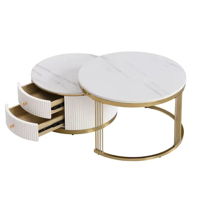 2 tables basses gigognes rondes blanches avec tiroirs