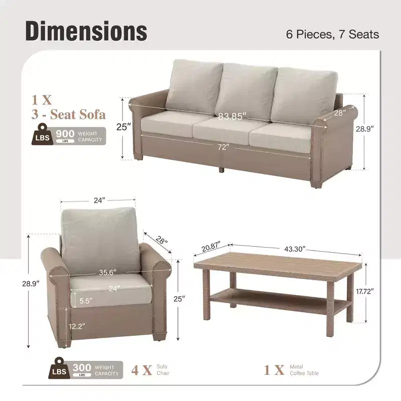 Captiva Designs 6 Piece Luxury Wicker Patio Conversation Sofa Set with Curved Armrests with Cushions