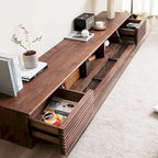 Minimalist TV Stand with DrawersSolid Wood Media Console with Cabinets, Flip-down Door, Walnut Veneer, Fully-Assembled