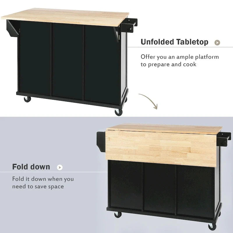 Kitchen Cart With Rubber Wood Drop-Leaf Countertop
