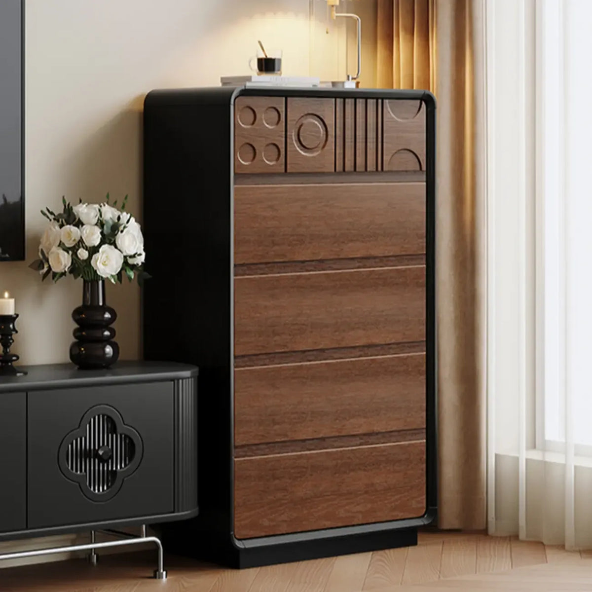 Art Deco Inspired Wood Dresser with Geometric Carvings