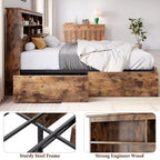 Full Bed Frame with Storage Headboard, Wooden Bed Frame with 4 Drawers, Storage Bookcase & King Size Platform Bed with Strong Metal Support