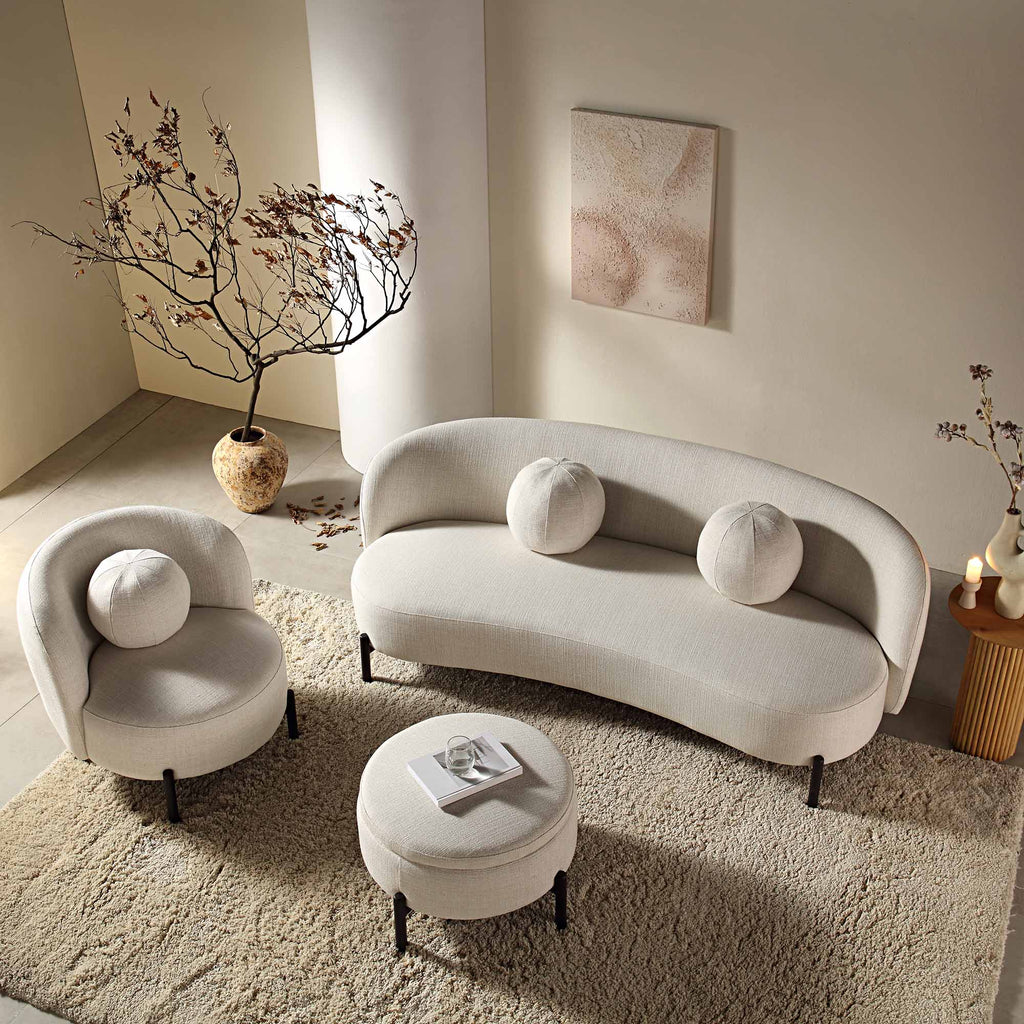 3-Seater Curved Sofa with Ball Cushions, Beige Linen Blend