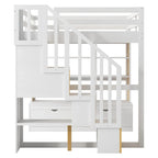 Natural+White Full Solid Wood Loft Bed with Desk & Drawers