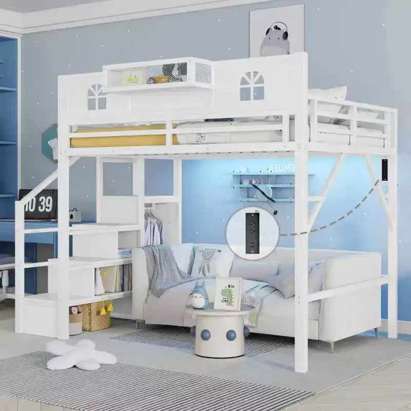 Letto a soppalco ModernLuxe matrimoniale/queen size con scale e armadio integrato, struttura letto in metallo con luci a LED, stazione di ricarica USB e ripiani portaoggetti